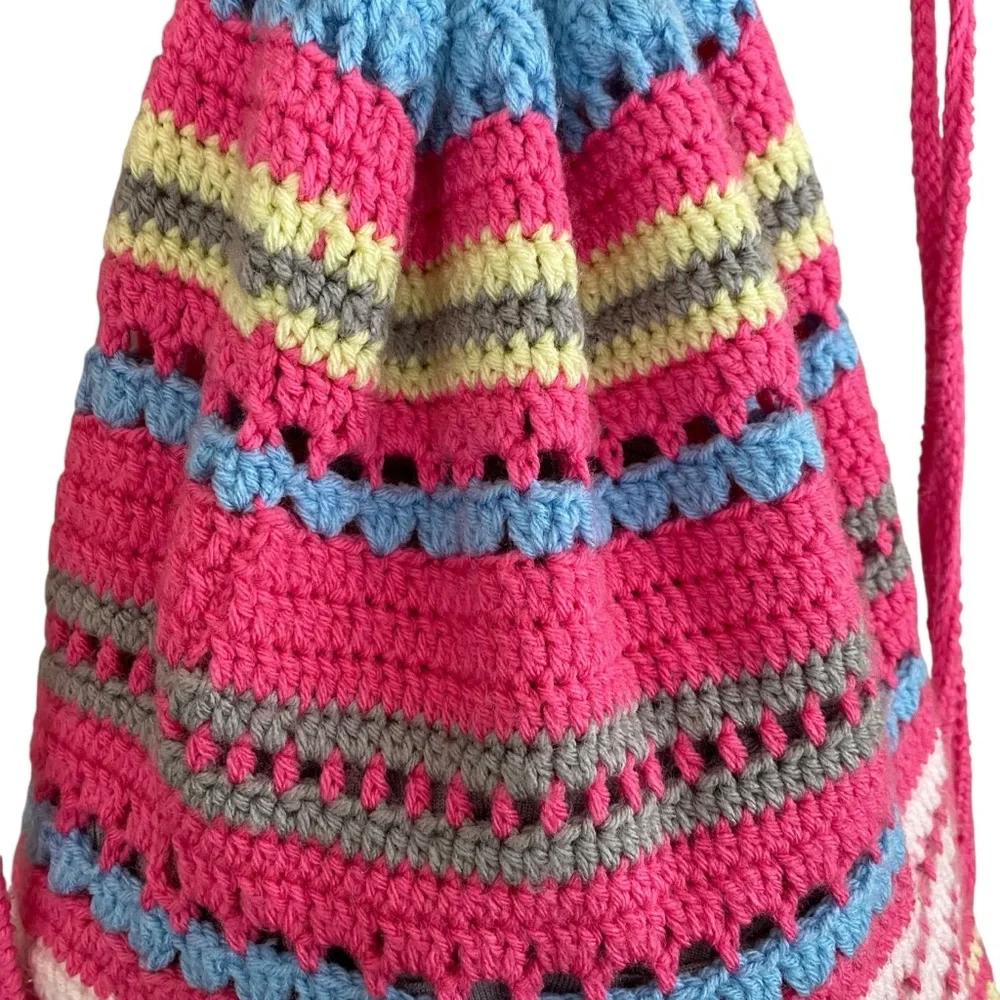 Handmade Boho Unique Crochet Colorful Striped Cinch‎ Sak Backpack Handbag